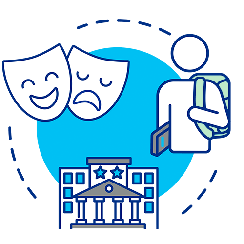 icon with student, theatre masks and campus building icons
