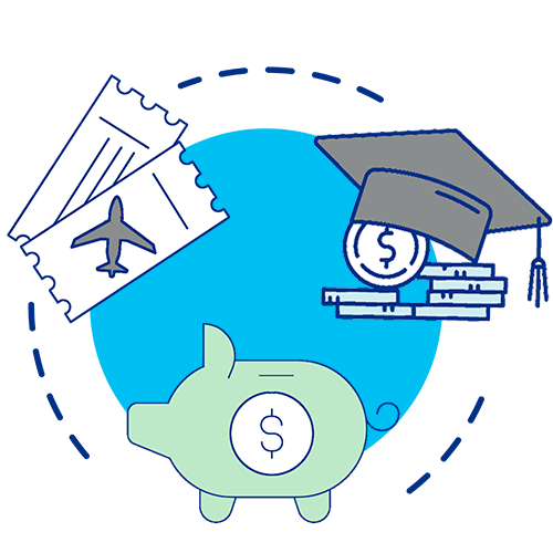 icon with piggy bank, tution savings image and plane ticket