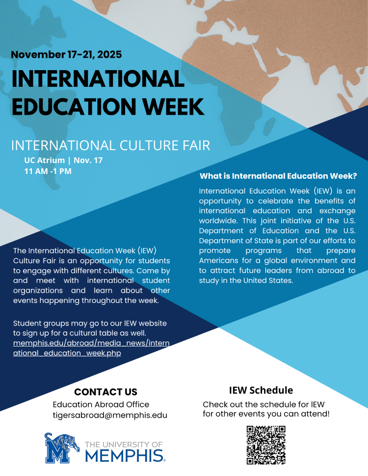 The image is a poster promoting International Education Week at The University of Memphis, scheduled for November 13-17, 2024. The background features an array of colorful lanterns, suggesting a multicultural theme.  At the top, the text reads "International Education Week, November 13-17, 2023" in large, white font on a blue background.  The middle section details the "LAUNCH EVENT" at Fountain Plaza on November 13 from 11 AM-1 PM, which will include International Food Trucks and Culture Tables. The description explains that the launch event offers an opportunity for students to engage with different cultures through food and conversation and invites them to learn about other events happening throughout the week.  The left side of the poster answers "What is International Education Week?" explaining that it's a celebration of the benefits of international education and exchange worldwide, a joint initiative of the U.S. Department of Education and the U.S. Department of State aimed at promoting programs that prepare Americans for a global environment and attracting future leaders from abroad to study in the United States.  There is a section titled "IEW Schedule" with a prompt to check out the schedule for IEW for other events attendees can go to, accompanied by a QR code.  On the bottom, the "Education Abroad Office" email address is listed as tigersabroad@memphis.edu.  Finally, the poster includes the logo of The University of Memphis and a statement indicating that the university is an Equal Opportunity/Affirmative Action University, committed to the education of a non-racially identifiable student body.  The website link for more information is provided as memphis.edu/abroad/media_news/international_education_week.php.