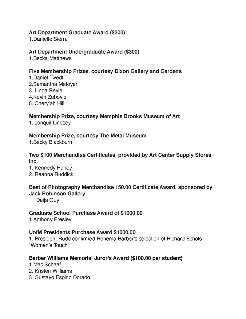 awards winners for the 38th annual juried student exhibition awards winners for the 38th annual juried student exhibition