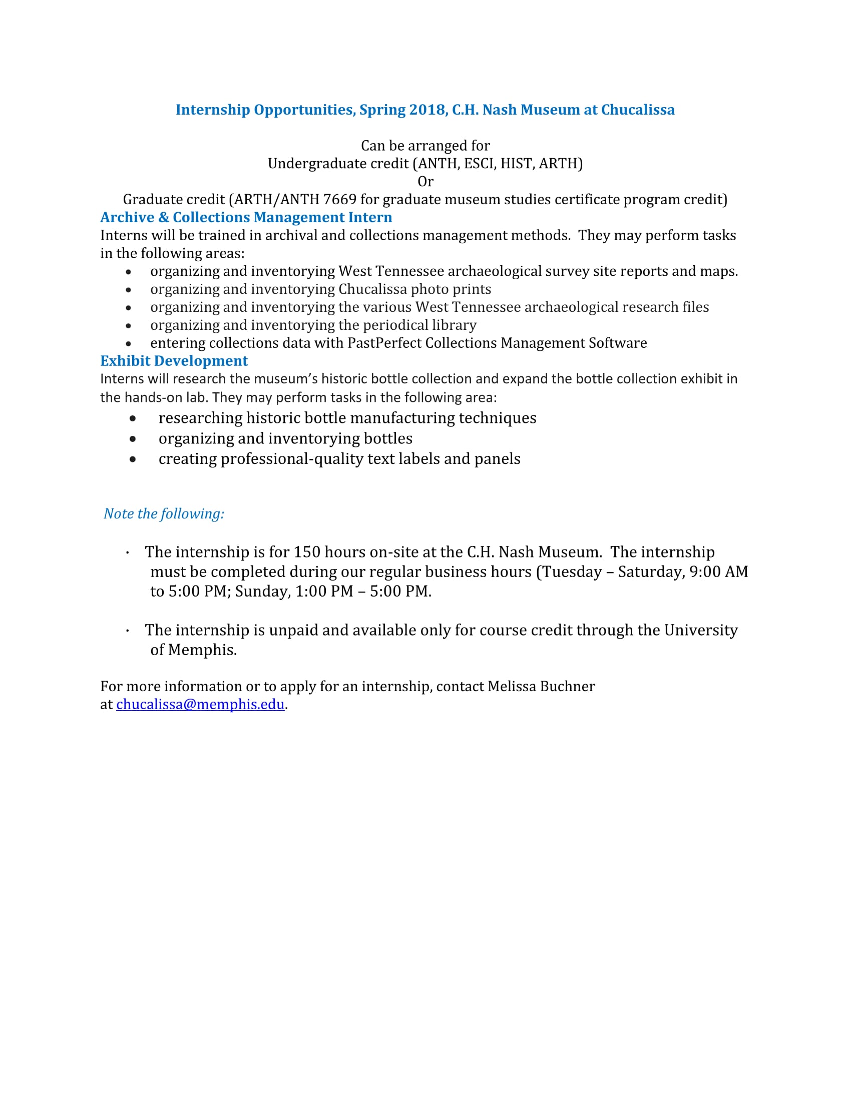 Spring 2018 Chucalissa Internships Spring 2018 Chucalissa Interships