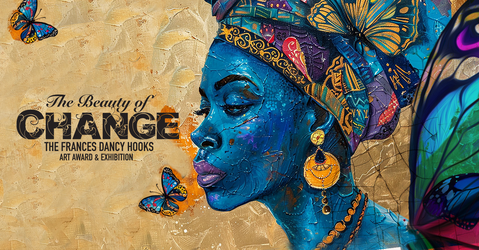 A woman with African features but blue skin wearing an elaborate turban and jewelry looks pensively to the left.  She is surrounded by colorful butterflies.