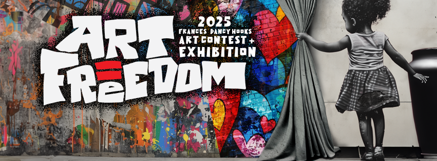 Mural of a girl pulling back a curtain of a gray concrete wall to reveal colorful and positive graffiti underneath. 