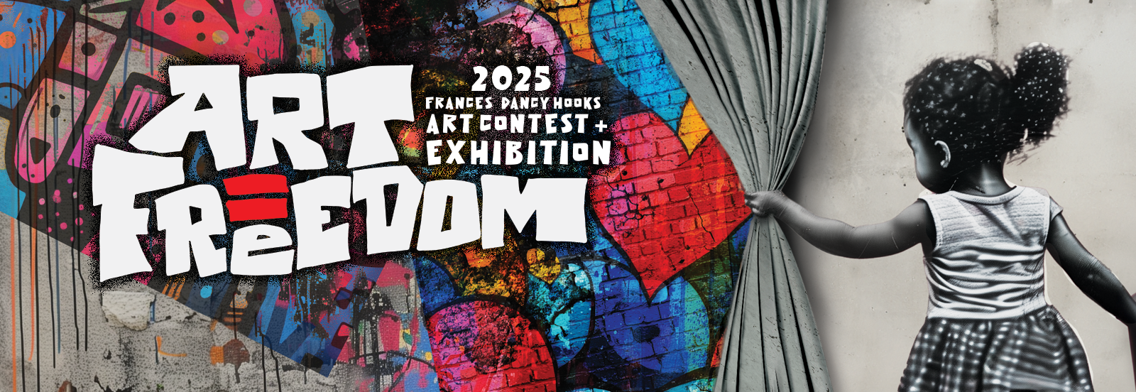 Painting of a Mural on a concrete wall.  The Mural shows a girl pulling back the grey concrete like a curtain to reveal colorful graffiti and the words "Art = Freedom."