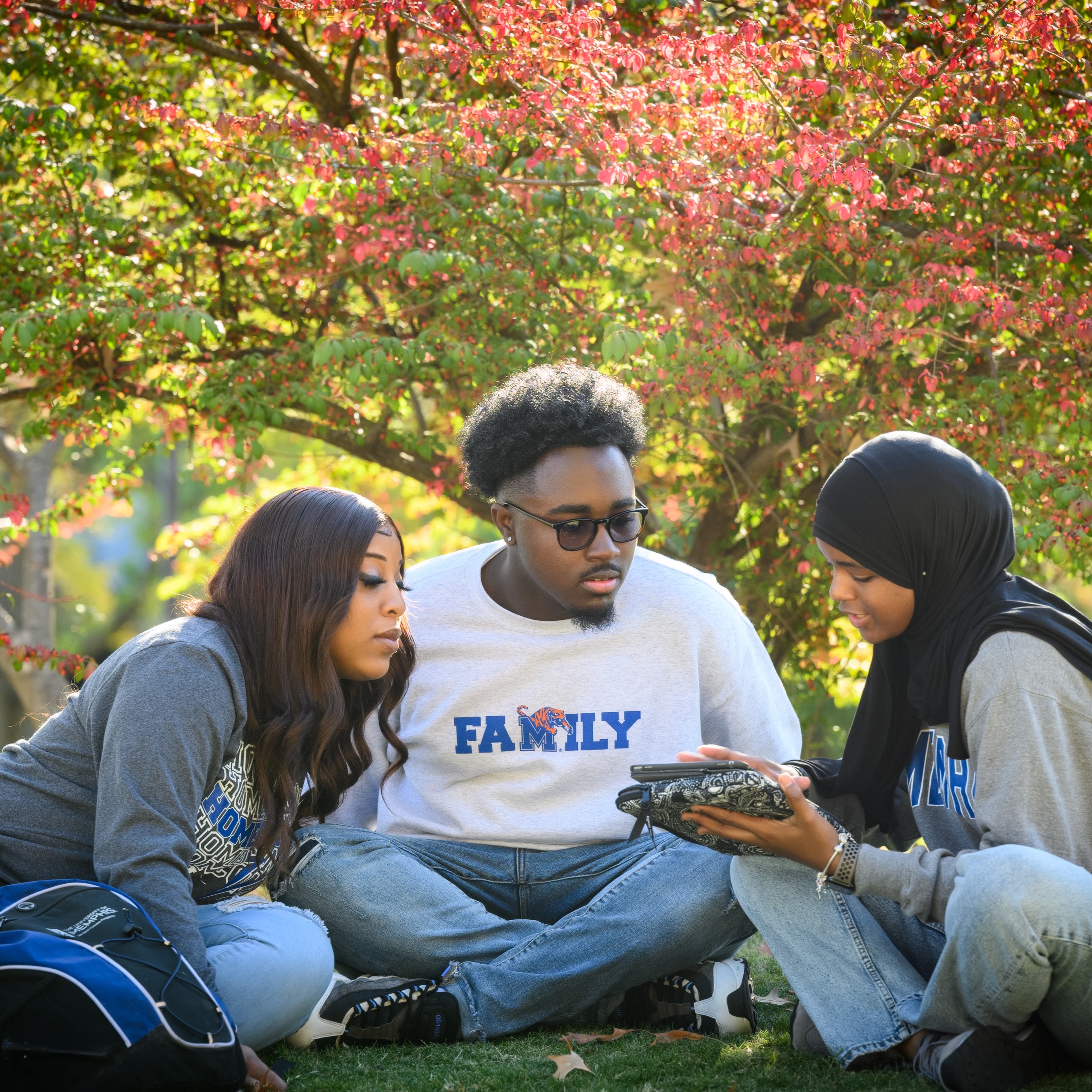 students outside talking