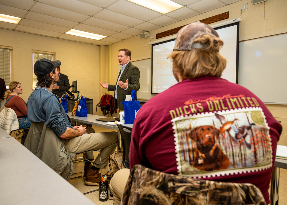 Ducks Unlimited CEO Adam Putnam speaks to the Ecology Conservation & Management class at the UofM 