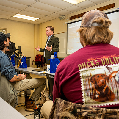Ducks Unlimited CEO Adam Putnam speaks to the Ecology Conservation &amp;amp; Management class at the UofM