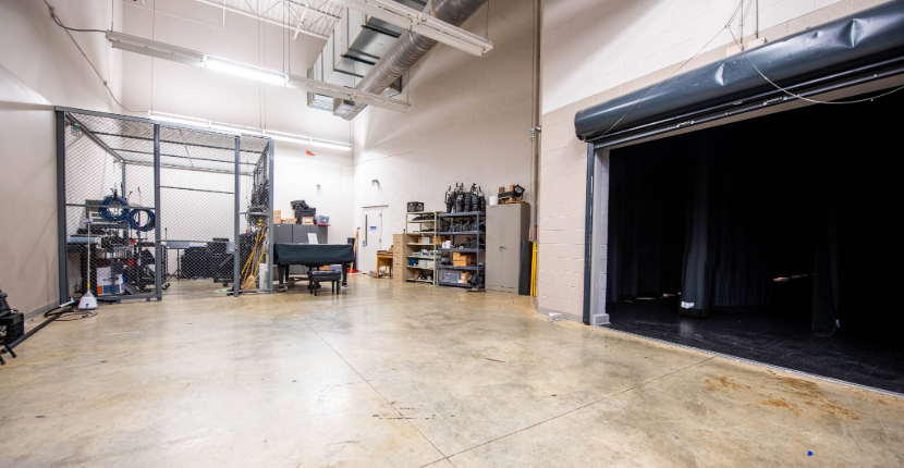 Backstage storage and load-in area for the Rose Theatre main stage