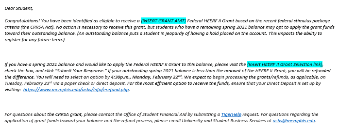 email sent regarding CRRSAA Act funding