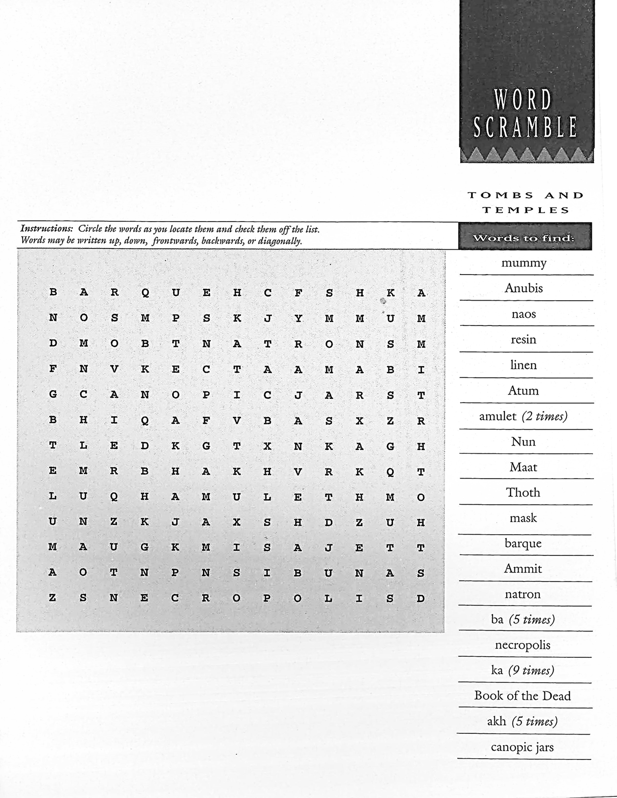 Tombs Word Search
