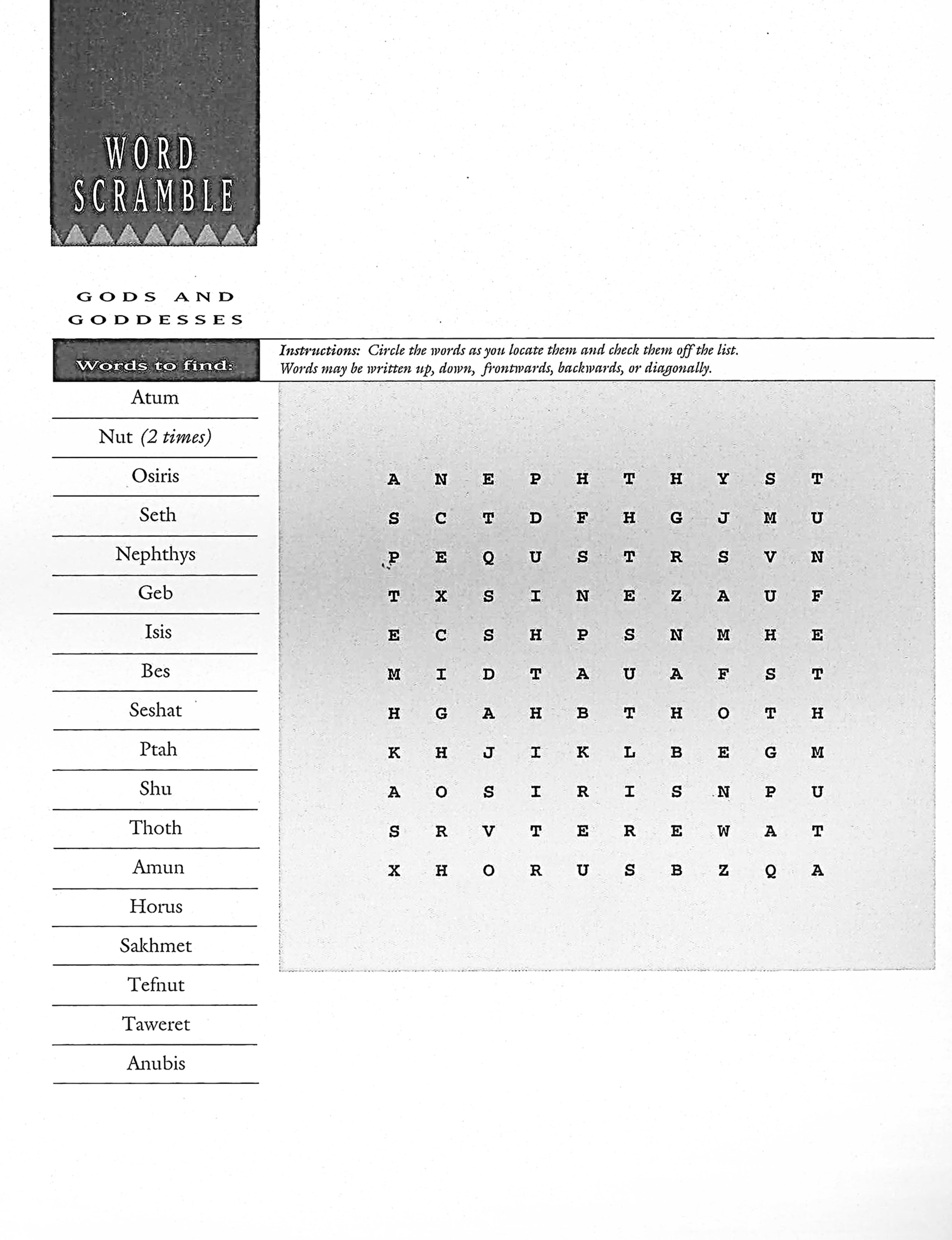 Egyptian Gods Word Search