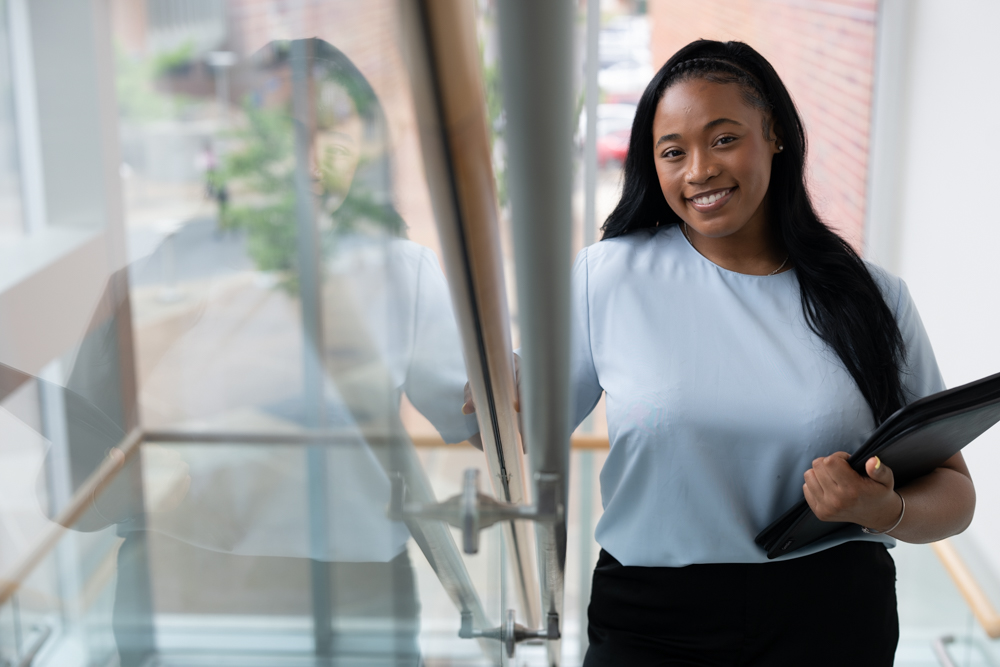 FCBE Student walking up the stairs