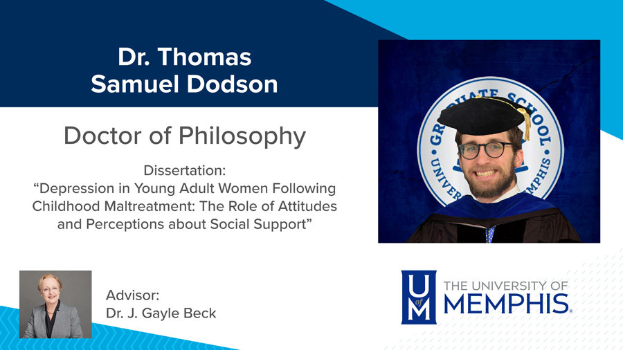 Dr. Thomas Samuel Dodson, Dissertation: “Depression in Young Adult Women Following Childhood Maltreatment: The Role of Attitudes and Perceptions about Social Support” Major Professor: Dr. J. Gayle Beck