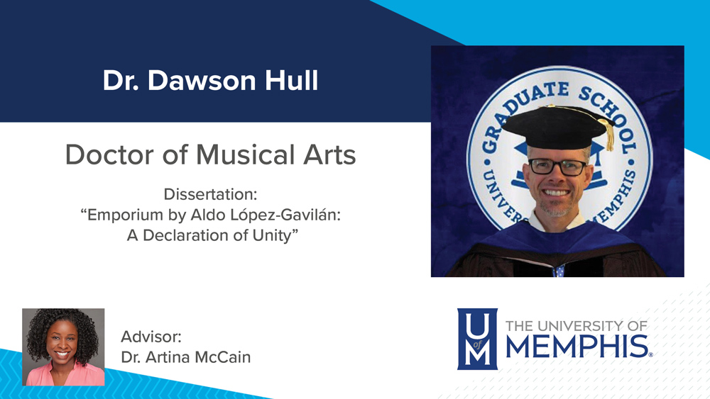 Dr. Dawson Hull , Dissertation title: "Emporium by Aldo López-Gavilán: A Declaration of Unity", Major Professor: Dr. Artina McCain