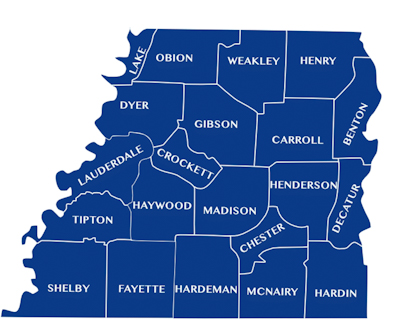 map showing counties of West Tennessee
