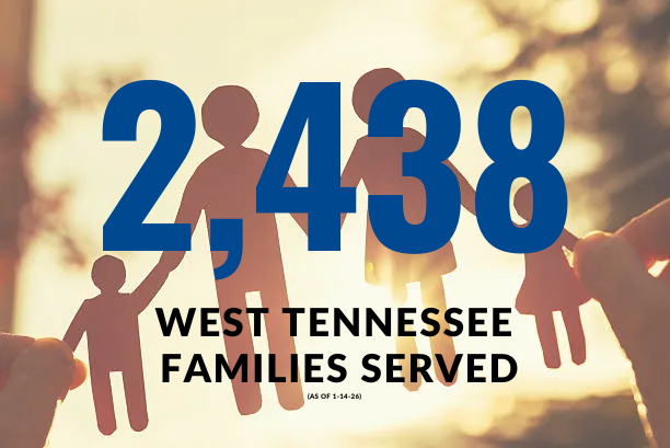 Graphic of a cutout paper family held up to a sunset through a tree with the numbers 2438