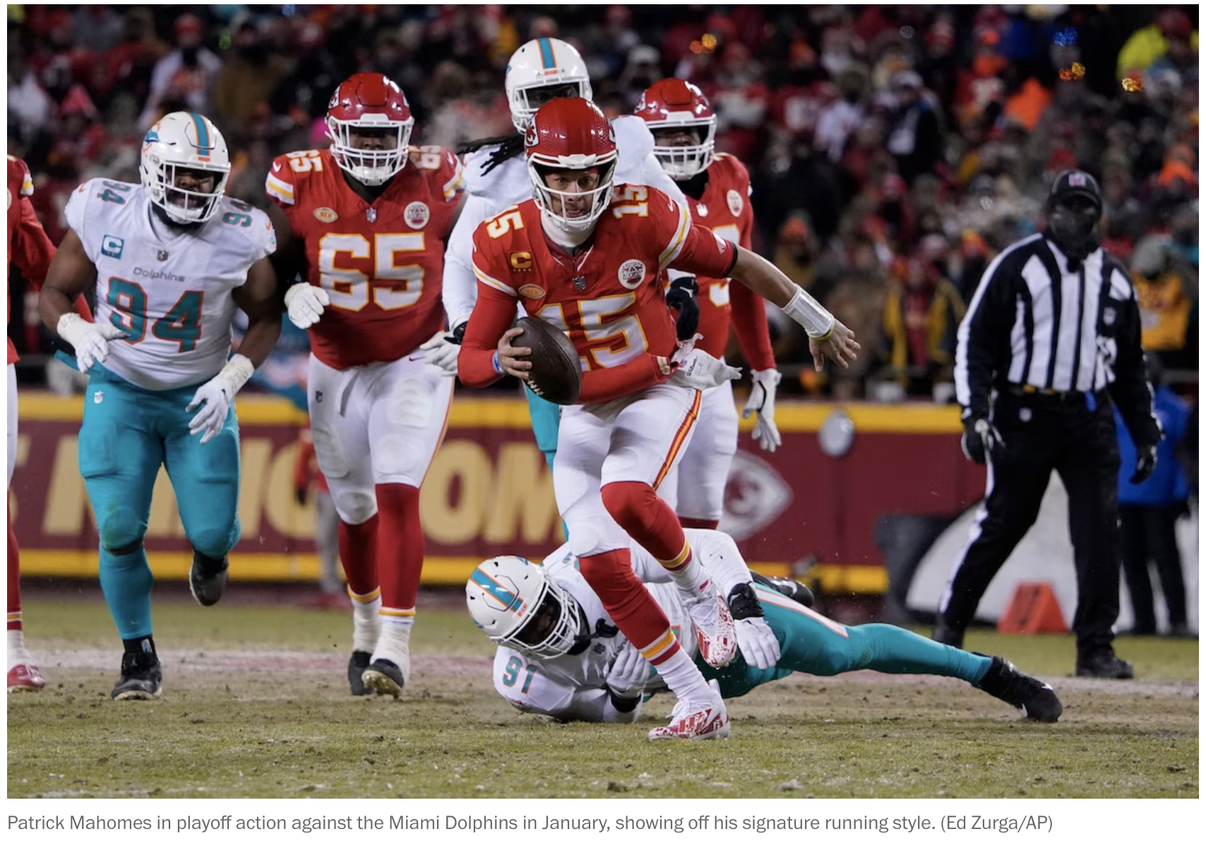 Patrick Mahomes in playoff action against the Miami Dolphins in January, showing off his signature running style. (Ed Zurga/AP) Patrick Mahomes in playoff action against the Miami Dolphins in January, showing off his signature running style. (Ed Zurga/AP)