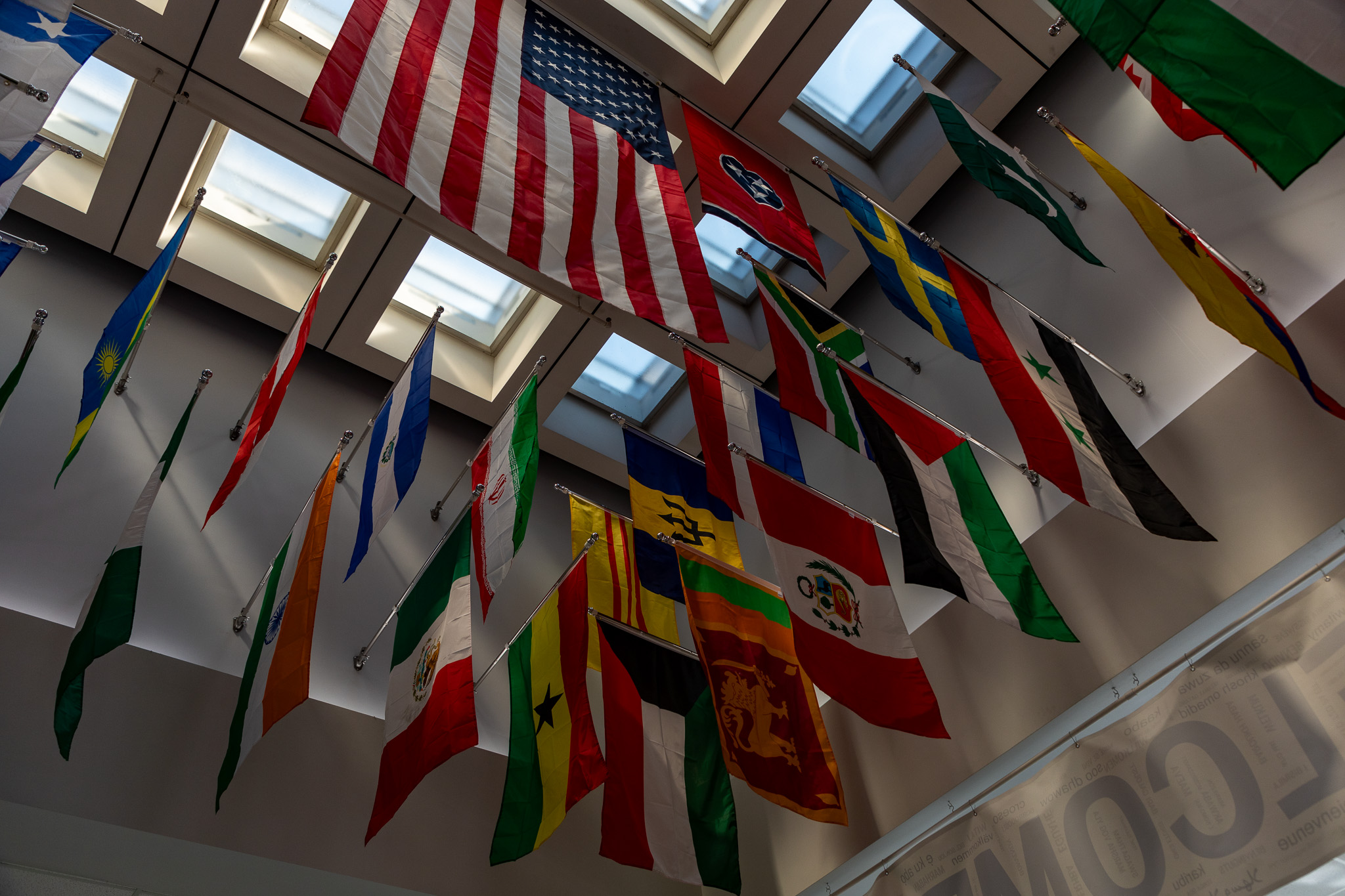Flag Installation flags displayed in the Herff Administration building