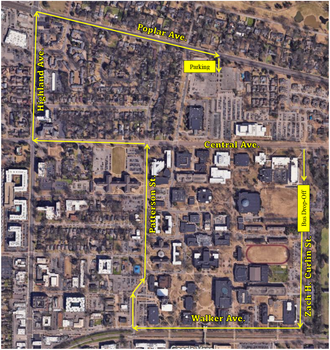 map that contains route from drop off to parking location in the Central Lot