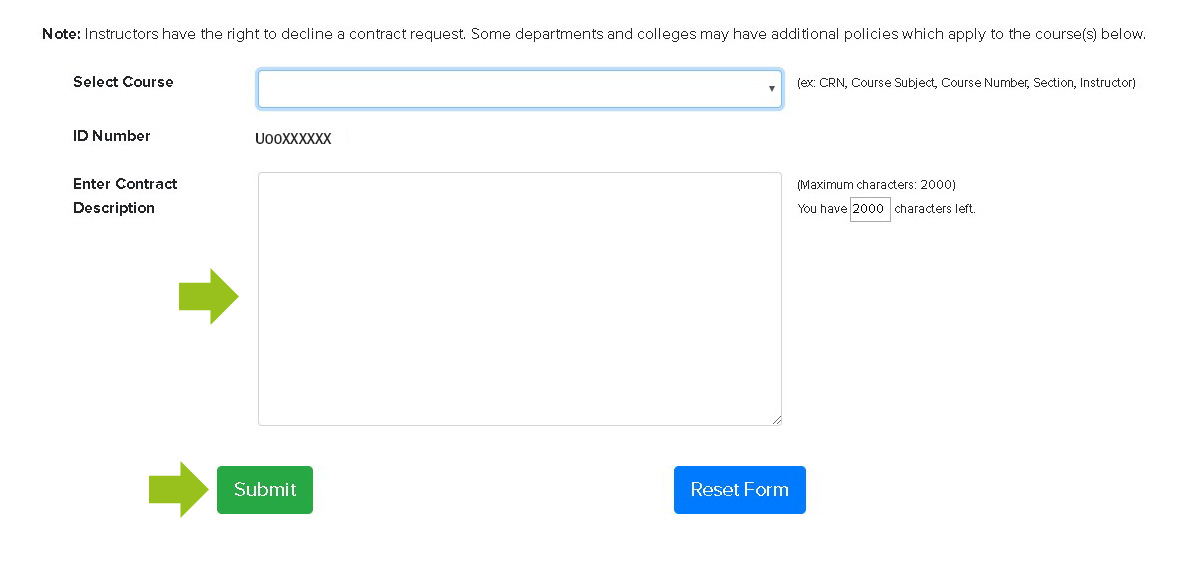 Honors Contract Menu Screenshot