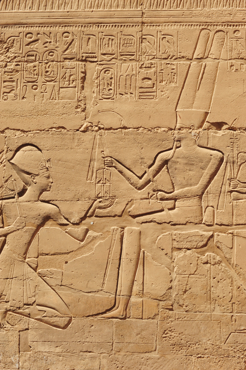 Plate 52 (B97-98) - Ramesses II receiving regalia and jubilees from Amun-Re in the presence of Mut and Khonsu, while Thoth inscribes years of reign (right, B97) and Iunmutef addresses the Great Ennead (left, B98)