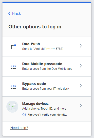 Duo Universal Prompt options menu Duo Universal Prompt options menu