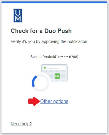"Other options" link in Duo prompt Duo prompt with an arrow pointing to "Other options" link