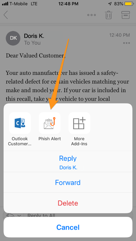 Outlook context drop-down menu with arrow pointing to PAB