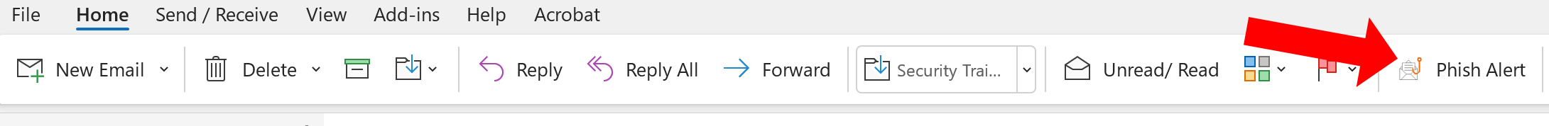 Outlook desktop ribbon with arrow pointing to Phish Alert Button
