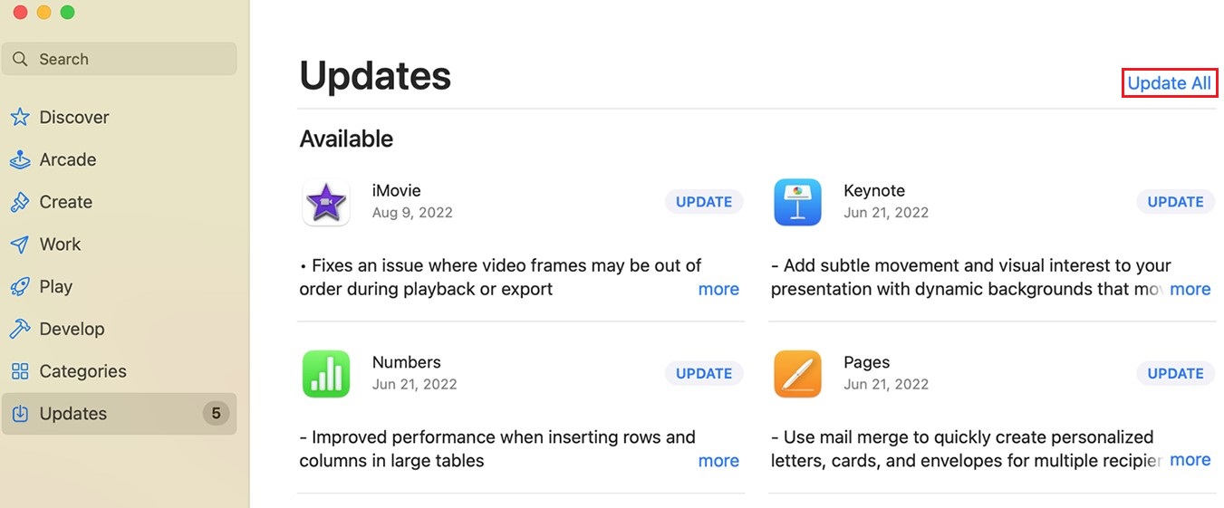 macOS App Store Update screen with Update All highlighted in red