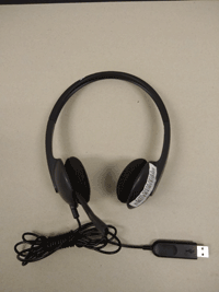 logi headphones with microphones and USB plugs