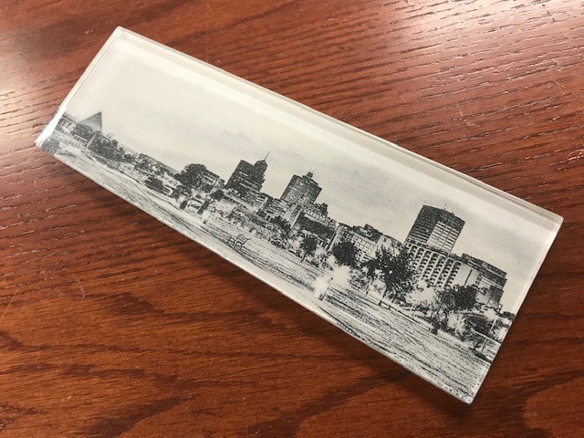Glowforge Tile Etching A black and white etching of downtown Memphis on a glass tile