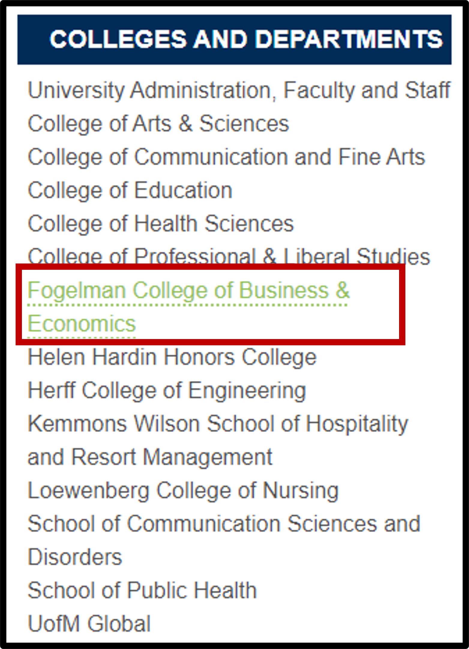 image of left hand menu of all colleges and departments