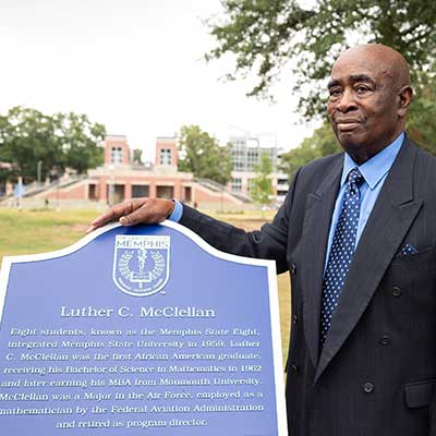 Luther C. McClellan at the dedication of the Alumni Mall, which was named in honor of him, in September 2021. 