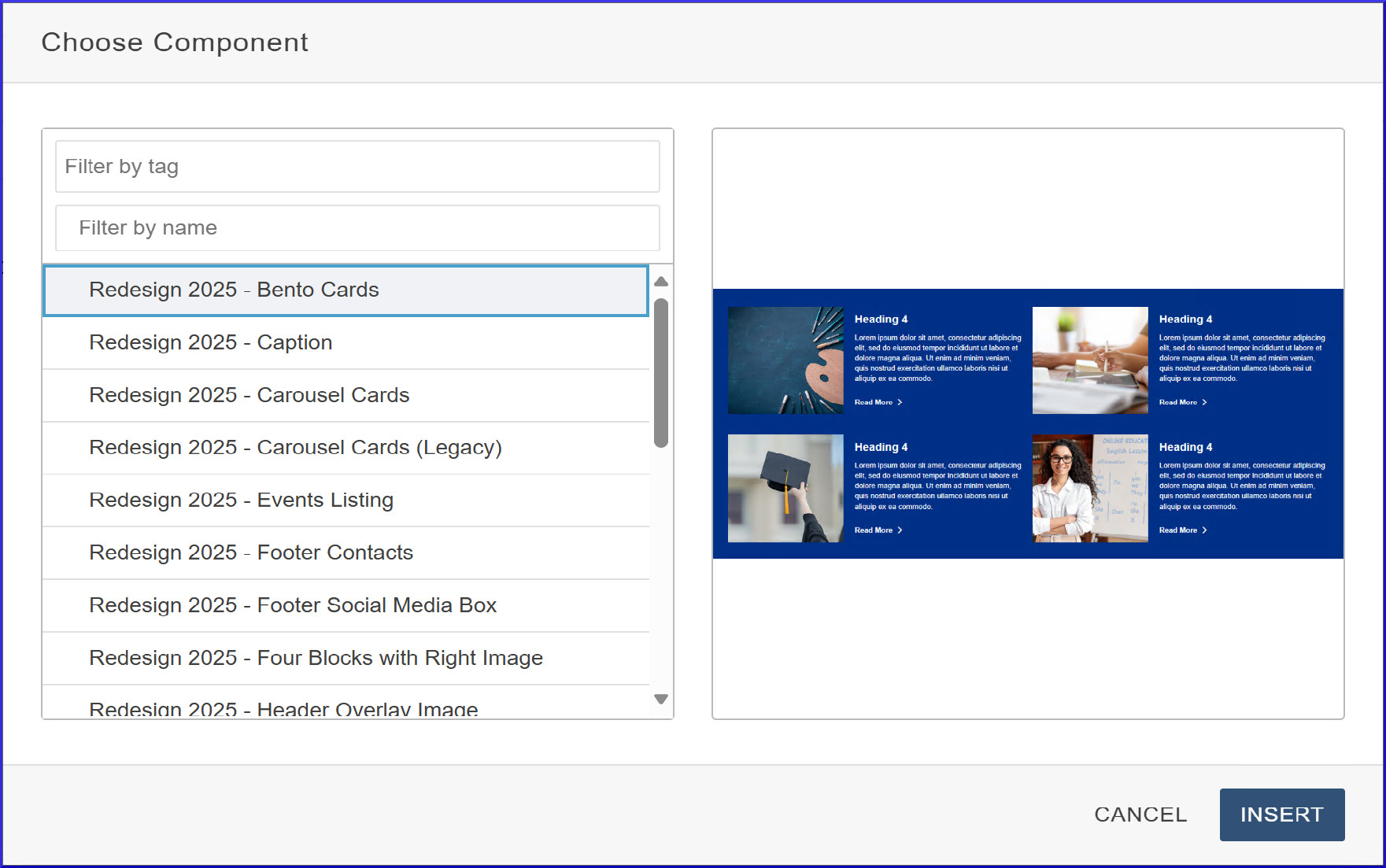 Modern Campus CMS Choose Component Menu