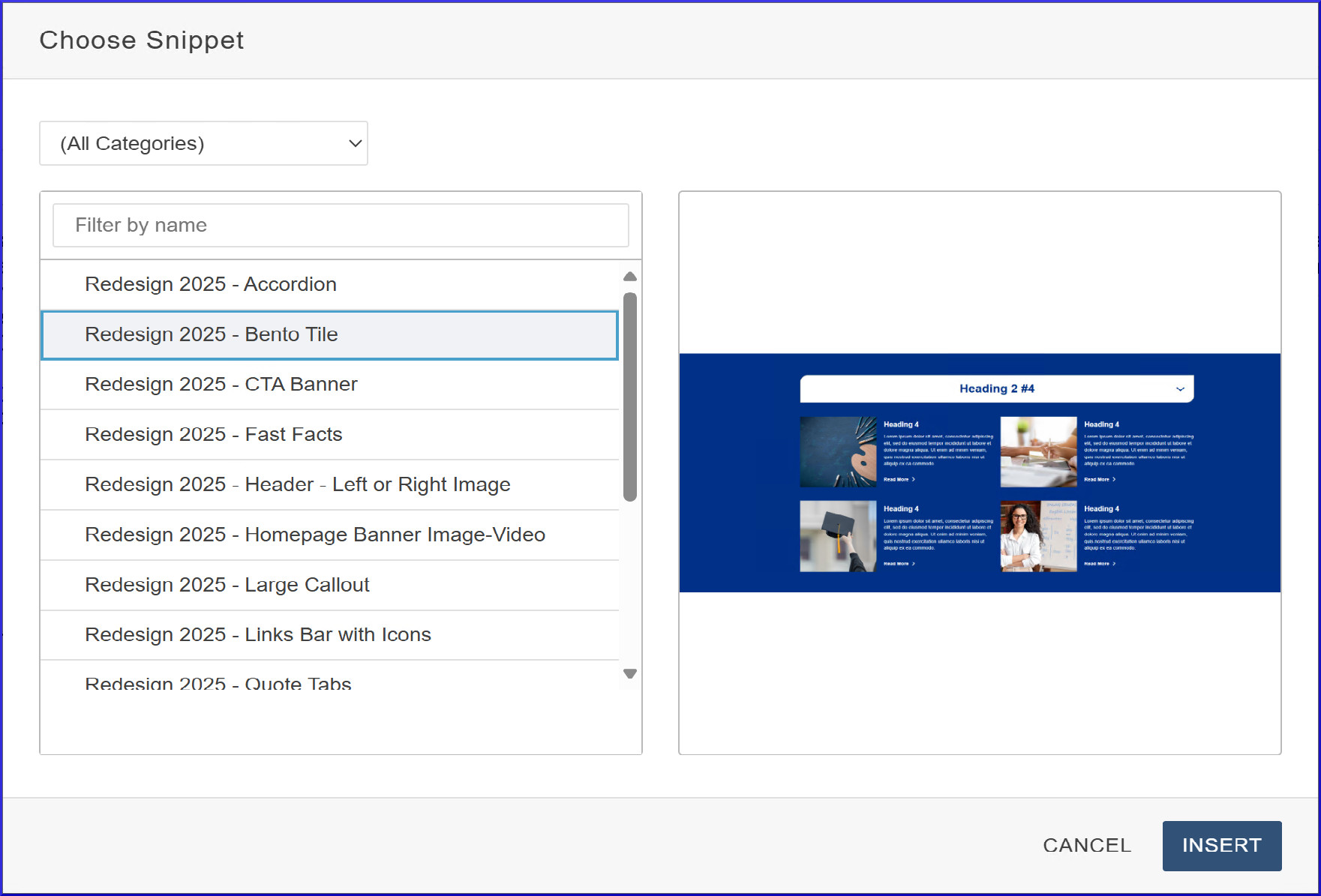 Modern Campus CMS Choose Snippet Menu