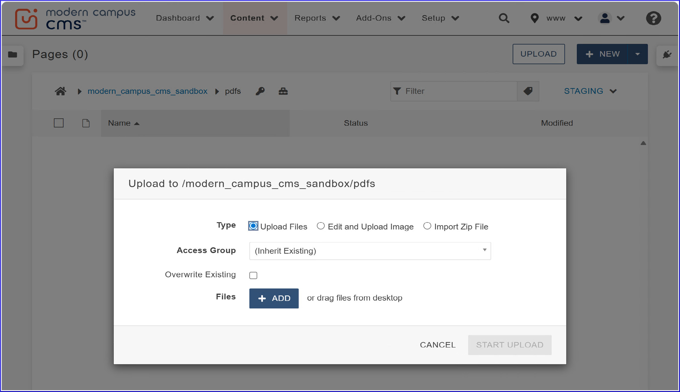 Modern Campus CMS File Upload Menu