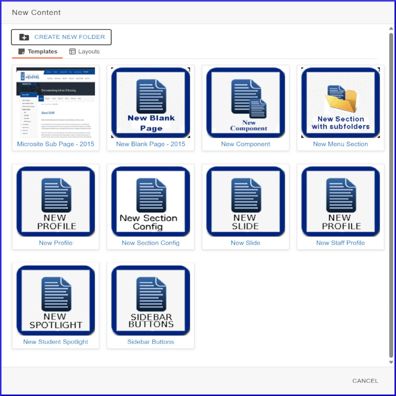 Modern Campus CMS Legacy New Content Menu