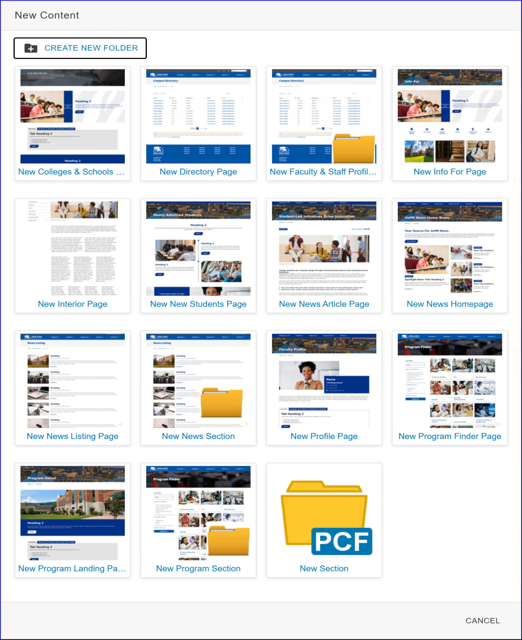 Modern Campus CMS New Content Menu