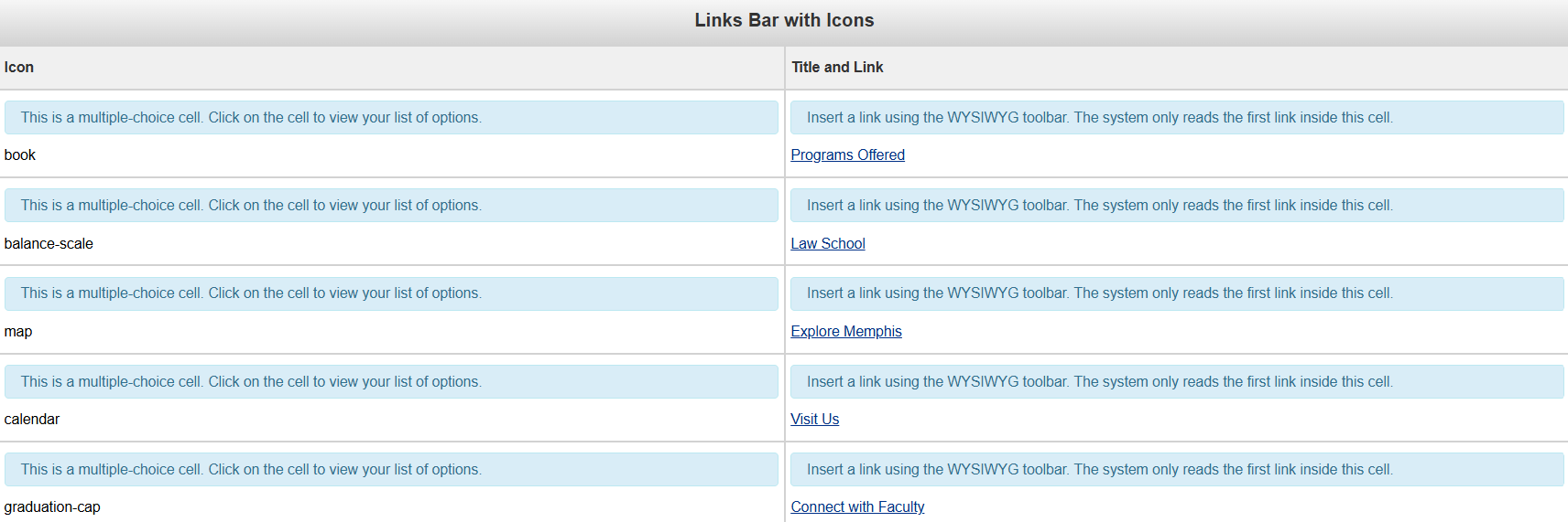 Links Bar with Icon Snippet Form