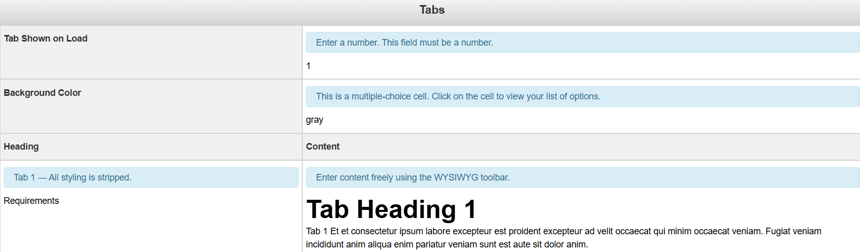 Tabs Snippet Form