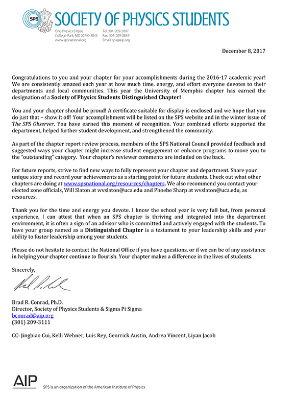 Society of Physics Students Award