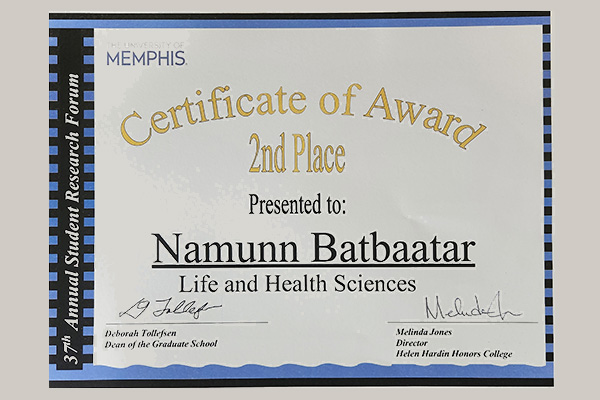 Namuun Bataabar: Certificate showing 2nd Place at Student Research Forum