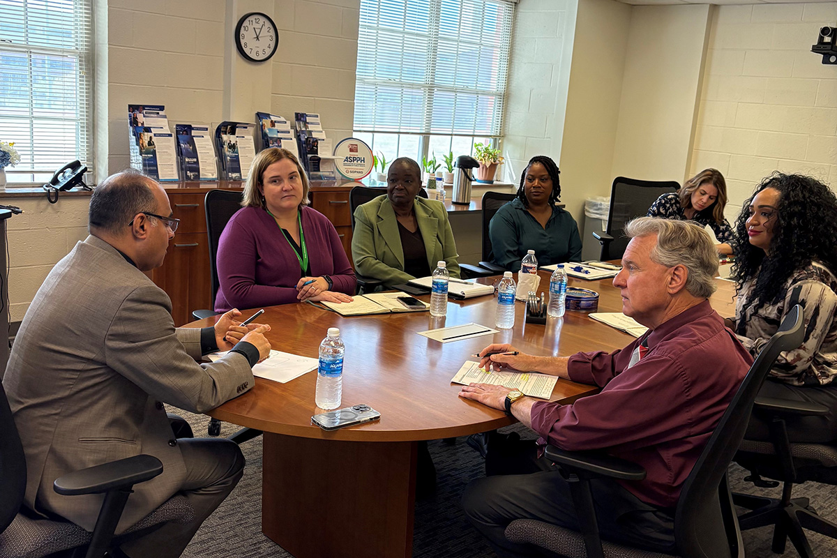 Shelby County Community Services team members Sandy Bromley, Community Services Director, and Arriell Gipson Martin, Senior Program Manager, met with SPH faculty, Dr. Maryam Karimi, Director of Research and Dr. Ashish Joshi, SPH Dean and Distinguished University Professor as well as staff members Jamecia Richardson, Coordinator, Experiential Learning and Career Services and Steve Shular, SPH Community Outreach Representative