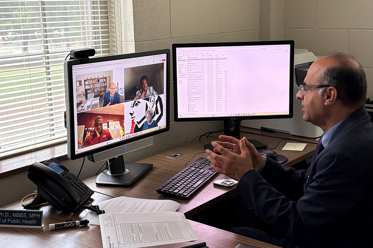 Dr. Ashish Joshi speaking virtually with leaderships of area high schools