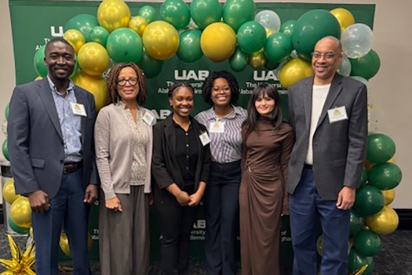 (R-L) Dr. Dale Sanders, SPH Interim Division Director, Program Director and Professor, HSMP Division, Rooshna Ali Khab, Diamond McGee, Jaquiesha Vaughn, Dr. Jacqueline Wiltshire, Associate Professor of Teaching, HSMP Division and Bright Oware