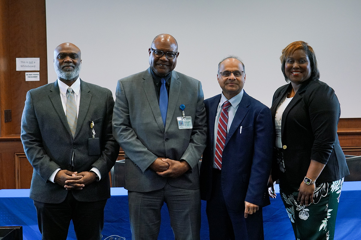 (Center Left) Bruce W. Randolph, MD, MPH, Interirm Director and Health Officer, SCHD (Left) Rudy Gray, Chief of Staff, SCHD, (Center Right) Dr. Ashish Joshi, SPH Dean and Distinguished Professor, Fedoria Rugless, PhD, CCRP, Senior Project Director, SPH