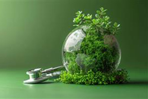 Decorative graphic: globe and plants