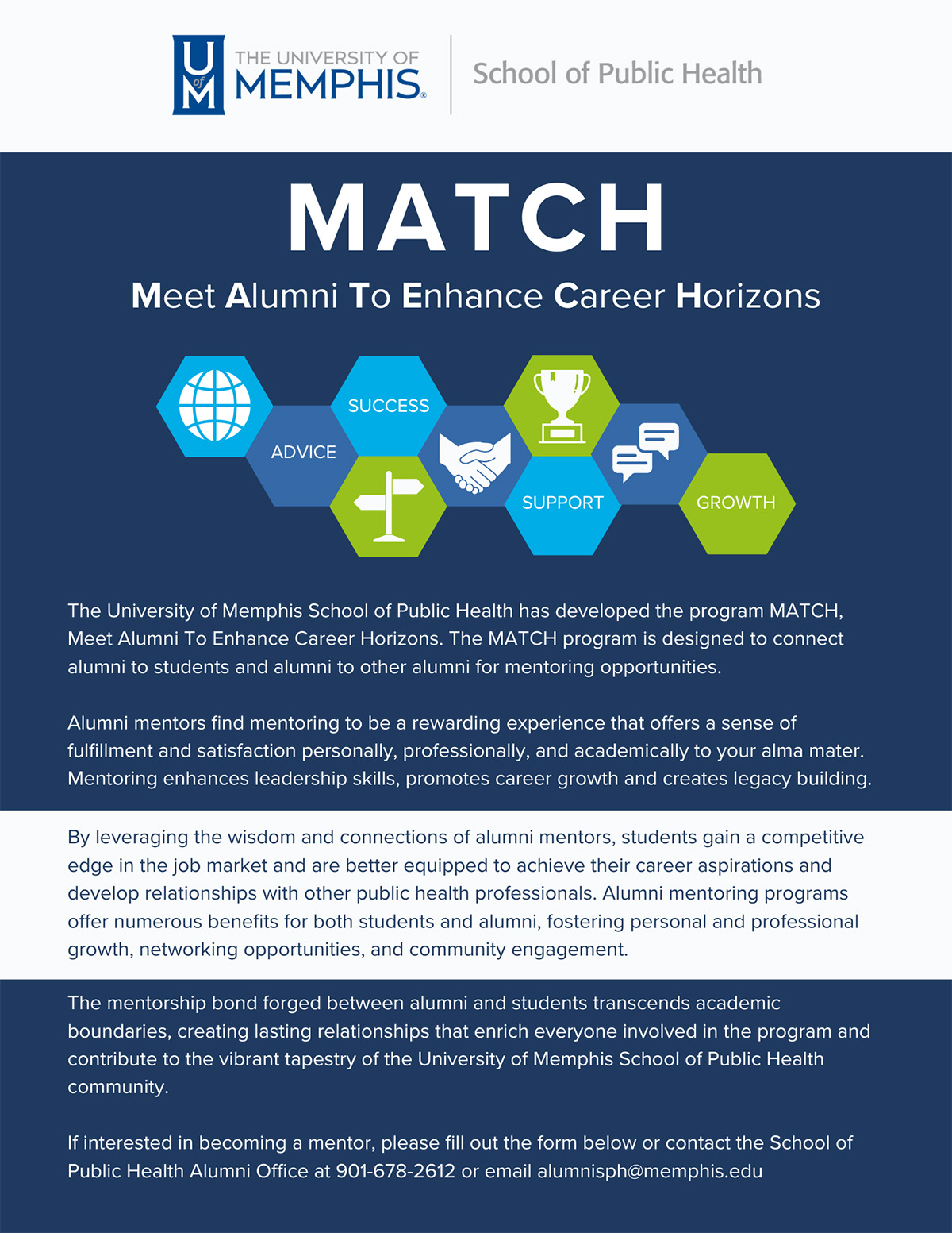 UofM School of Public Health Alumni Network SPH MATCH Chart showing titles: Alumni to student mentoring, Alumni to alumni mentoring, Peer mentoring circles, Guest lecturing, Participate in workshops, Connect with the community