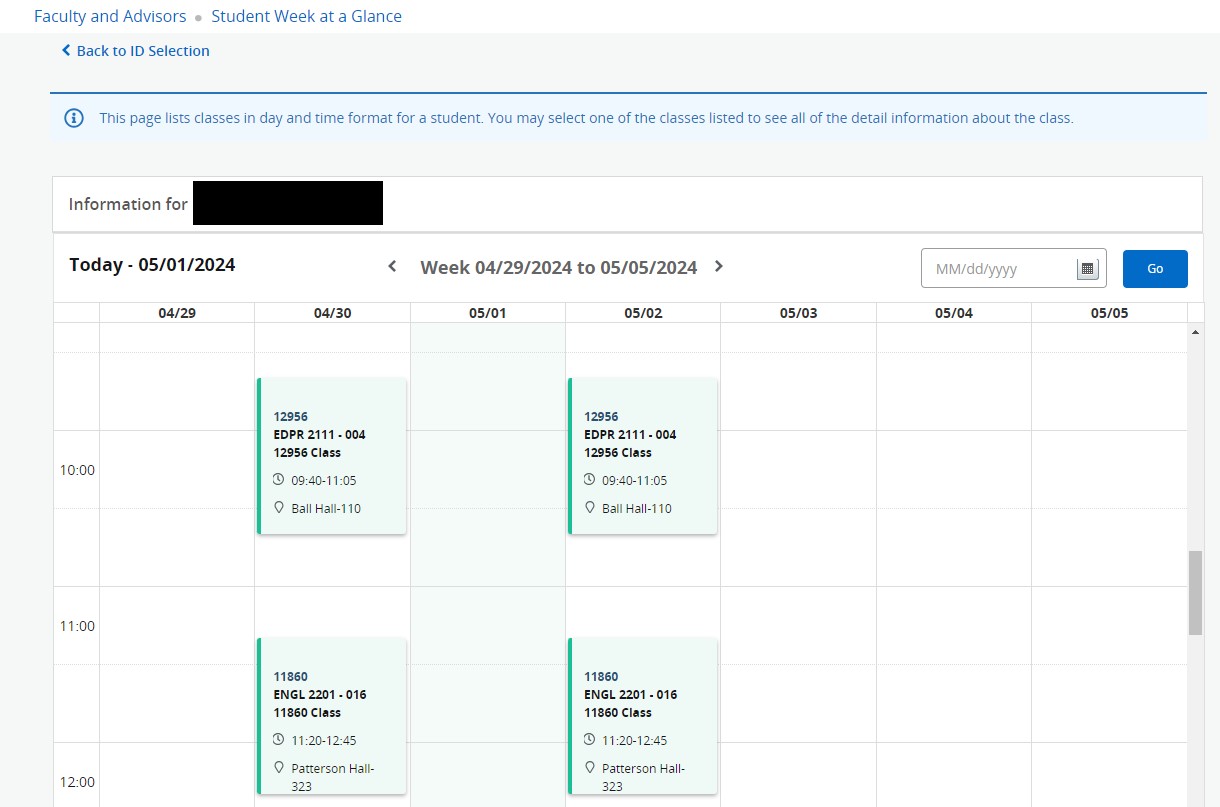 registered courses blocked out on calendar grid